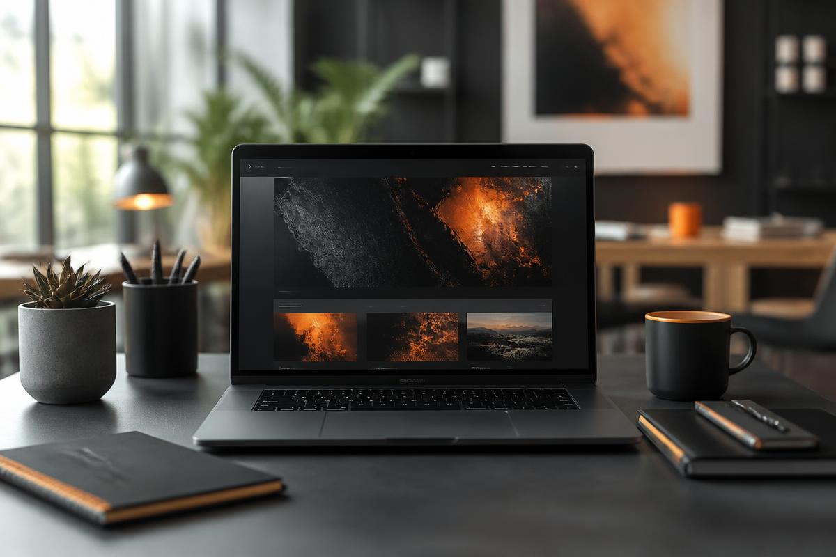 Moderne Website-Entwicklung mit dunklem Design und warmen Akzenten